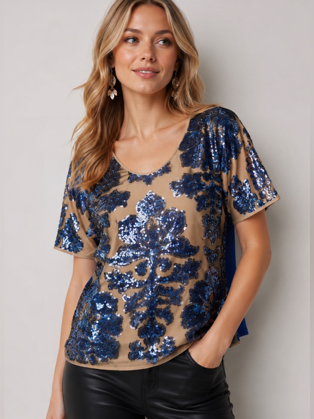 Tracy Reese for Target Blue Sequin Embellished Short Sleeve Top Medium